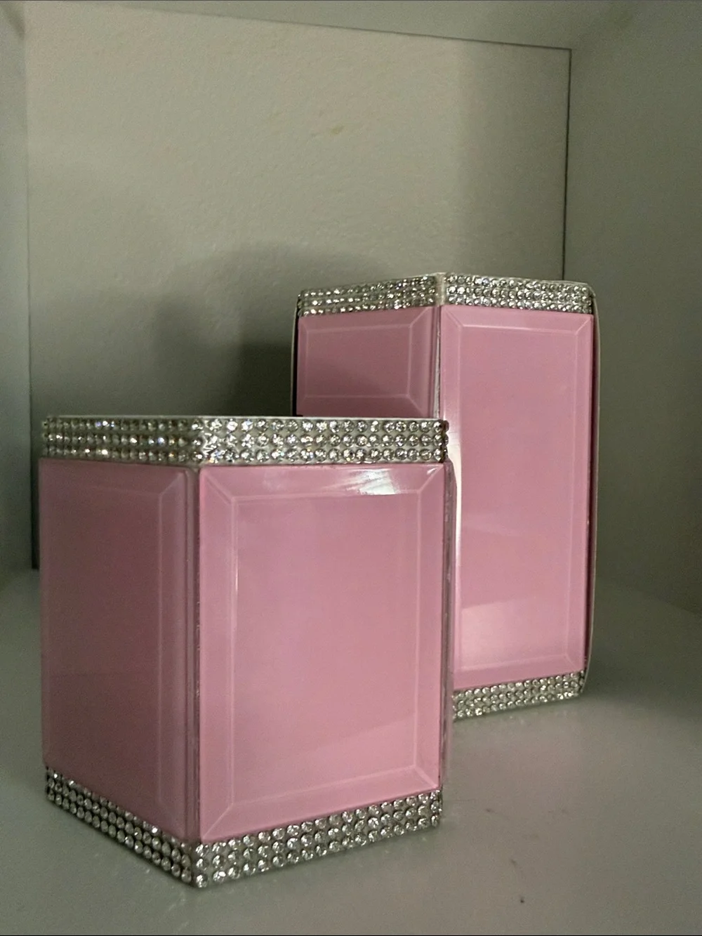 Pink Rhinestone Octagon Double Cup Makeup Brush or Desk Organizer